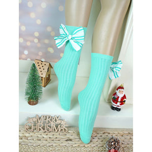 Mint Green White Striped 3d Big Bow Socks for Kids . - 