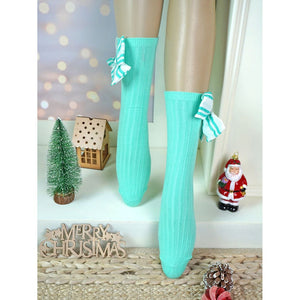 Mint Green White Striped 3d Big Bow Socks for Kids . - 