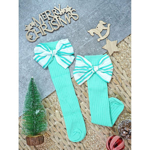 Mint Green White Striped 3d Big Bow Socks for Kids . - 