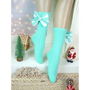 Mint Green White Striped 3d Big Bow Socks for Kids . - 