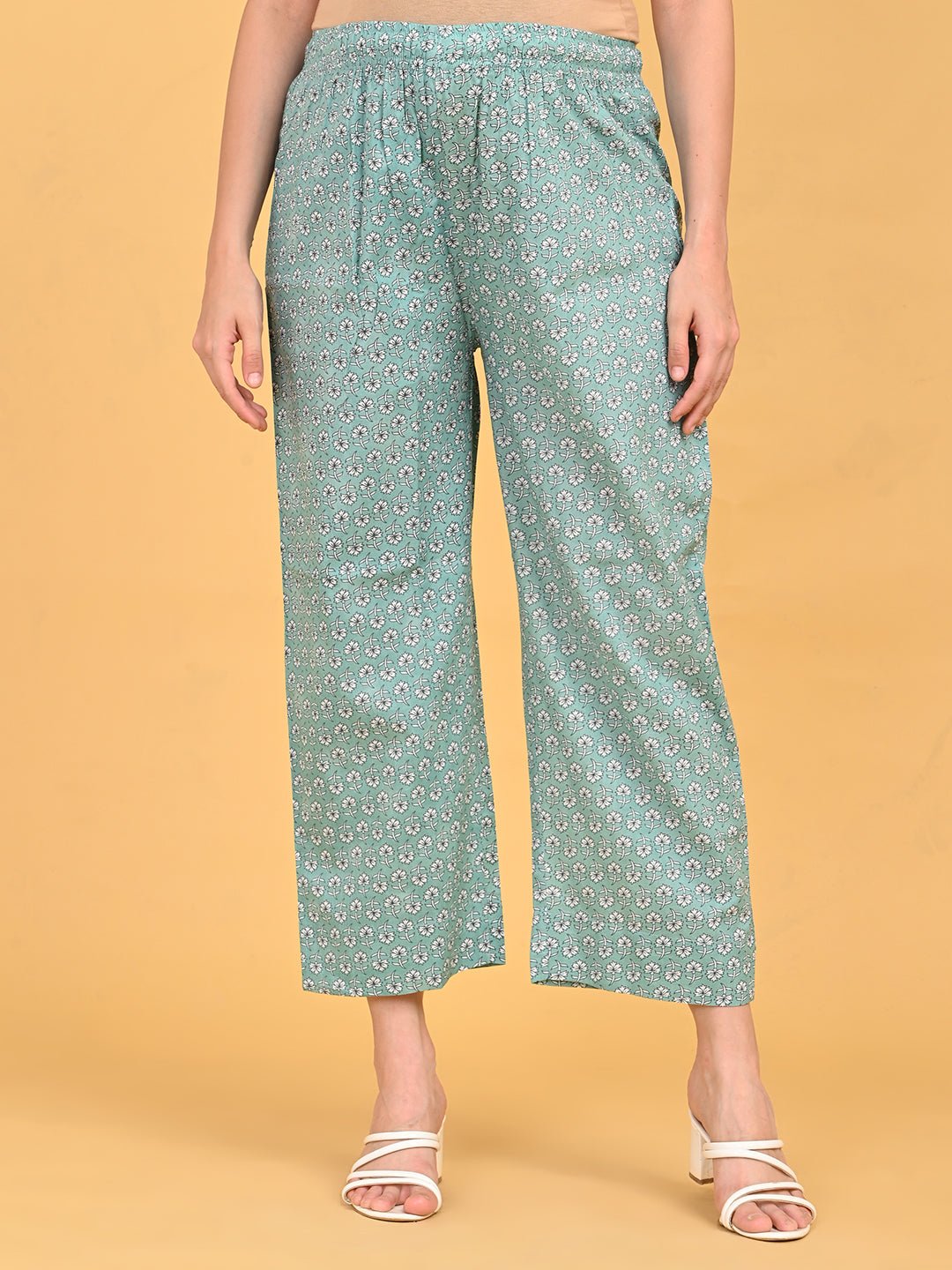 Front view of straight-fit printed pants from MintSaheli Maternity and Nursing Kurta Set With Dupatta with elasticated waistband.