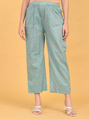 Front view of straight-fit printed pants from MintSaheli Maternity and Nursing Kurta Set With Dupatta with elasticated waistband.