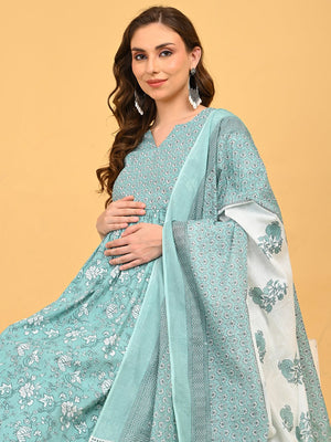 Close up view of MintSaheli Maternity and Nursing Kurta Set With Dupatta styled with coordinated mint dupatta and floral printed kurta.