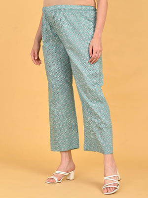 Side view of straight-fit printed pants from MintSaheli Maternity and Nursing Kurta Set With Dupatta with elasticated waistband.