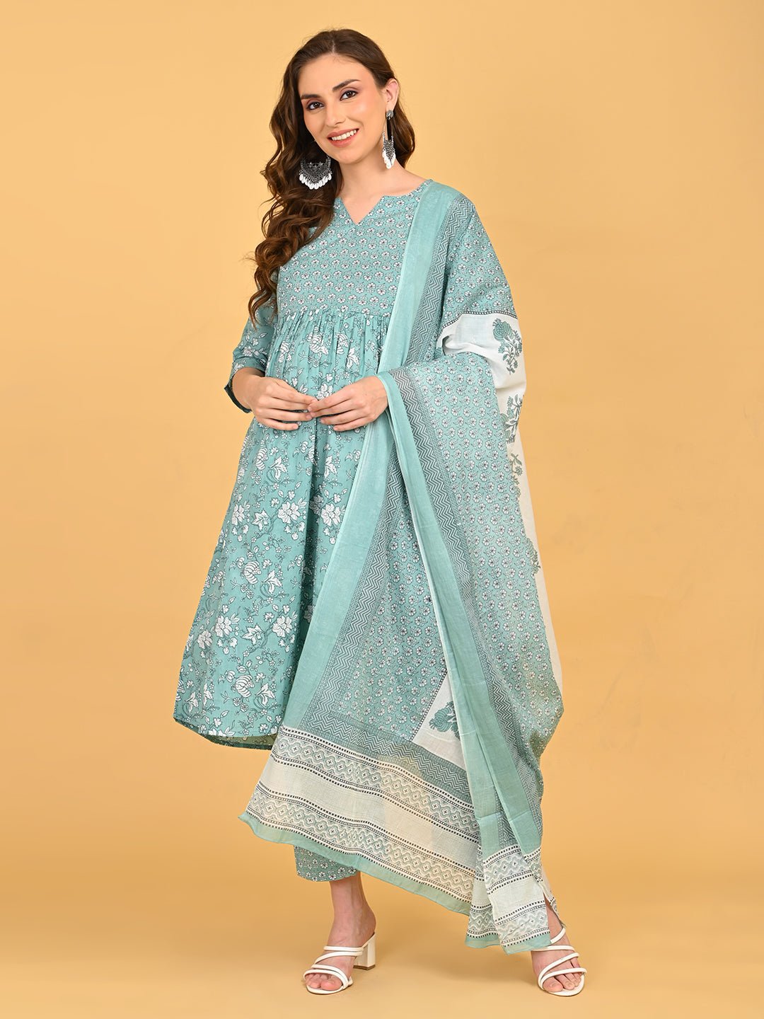Model posing in MintSaheli Maternity and Nursing Kurta Set With Dupatta highlighting bump-friendly A-line silhouette.