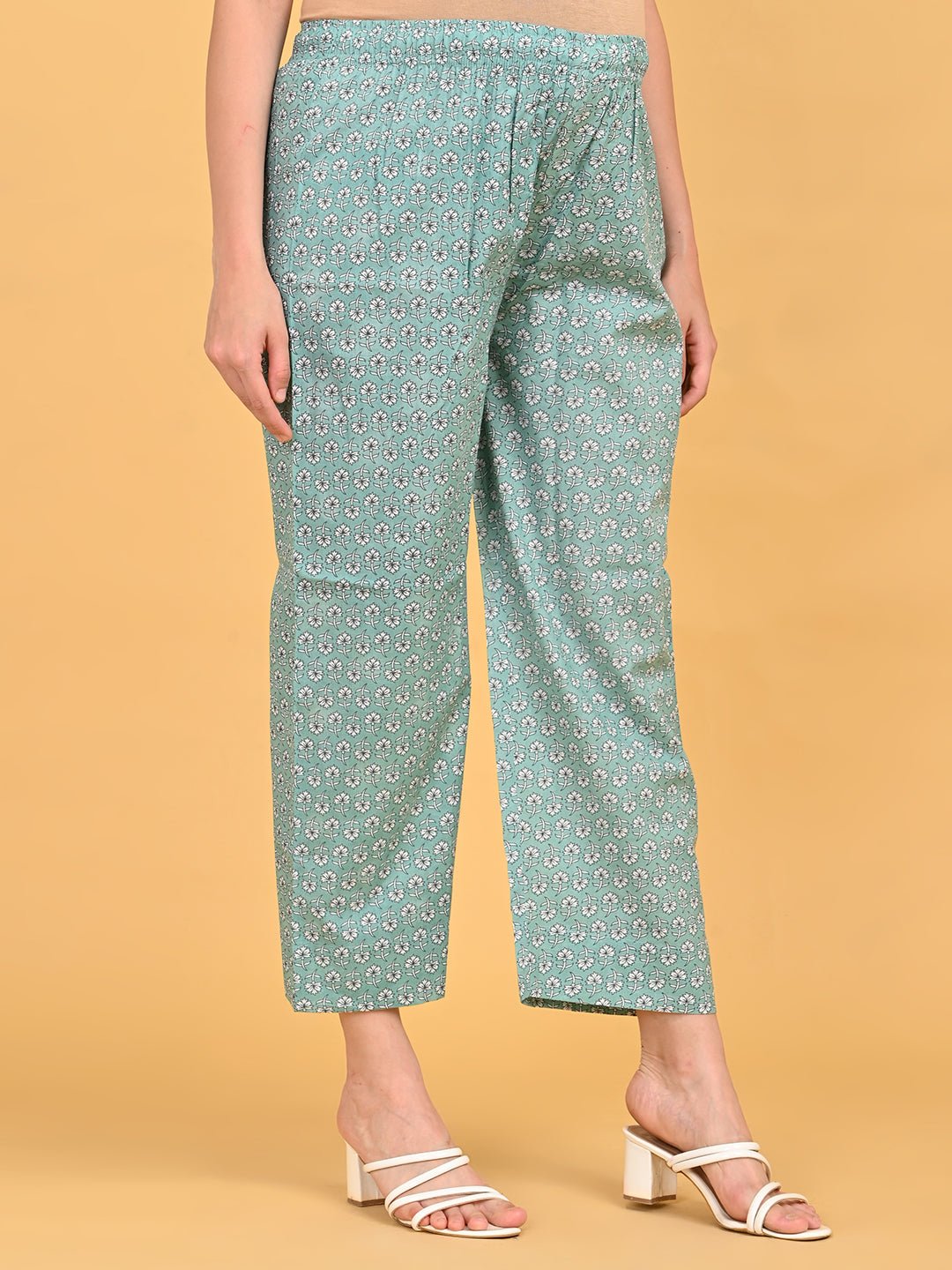 Side view of straight-fit printed pants from MintSaheli Maternity and Nursing Kurta Set With Dupatta with elasticated waistband.