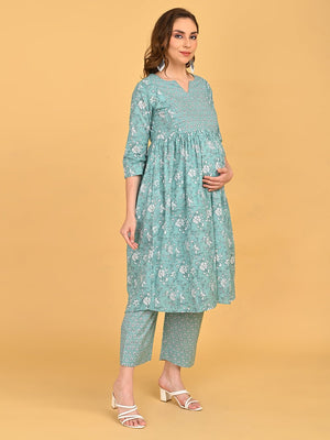 Side angled view of MintSaheli Maternity and Nursing Kurta Set highlighting maternity silhouette.