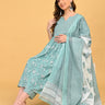 Model seated wearing MintSaheli Maternity and Nursing Kurta Set With Dupatta in mint green floral print with matching dupatta.