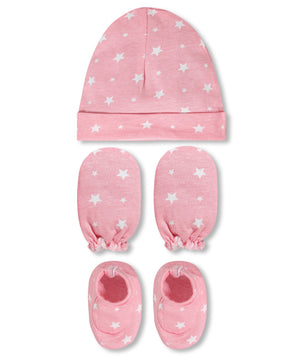 Mittens Booties and Cap set - Pink Stars - Ride a Unicorn - Onesize Mittens, Booties and Cap set