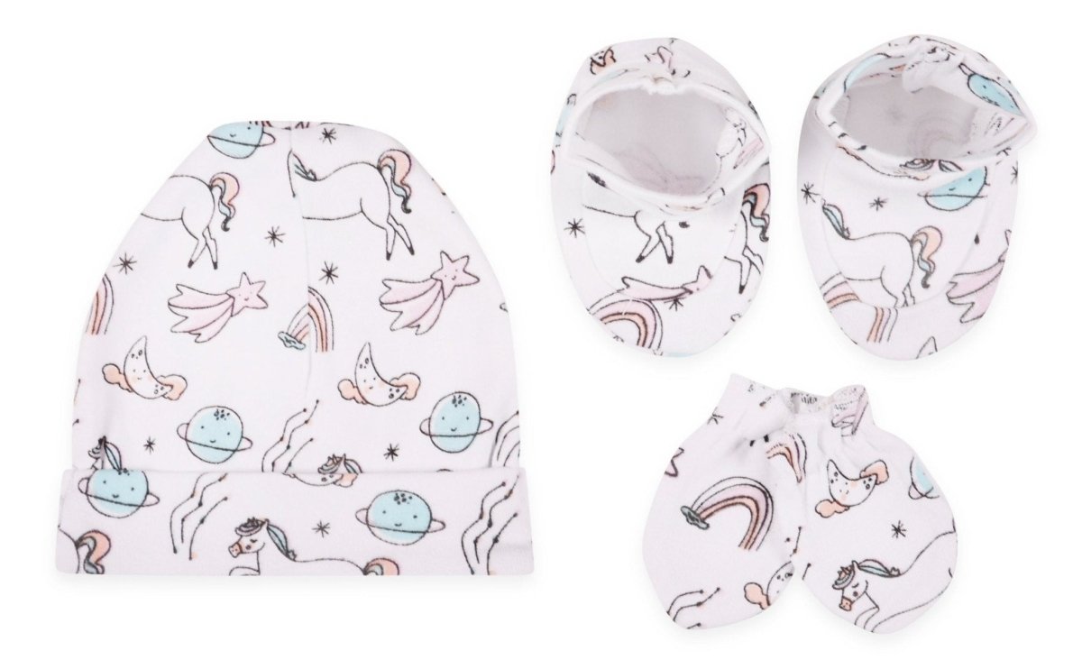 Mittens, Booties and Cap set - Ride A Unicorn - MBC-RDUN