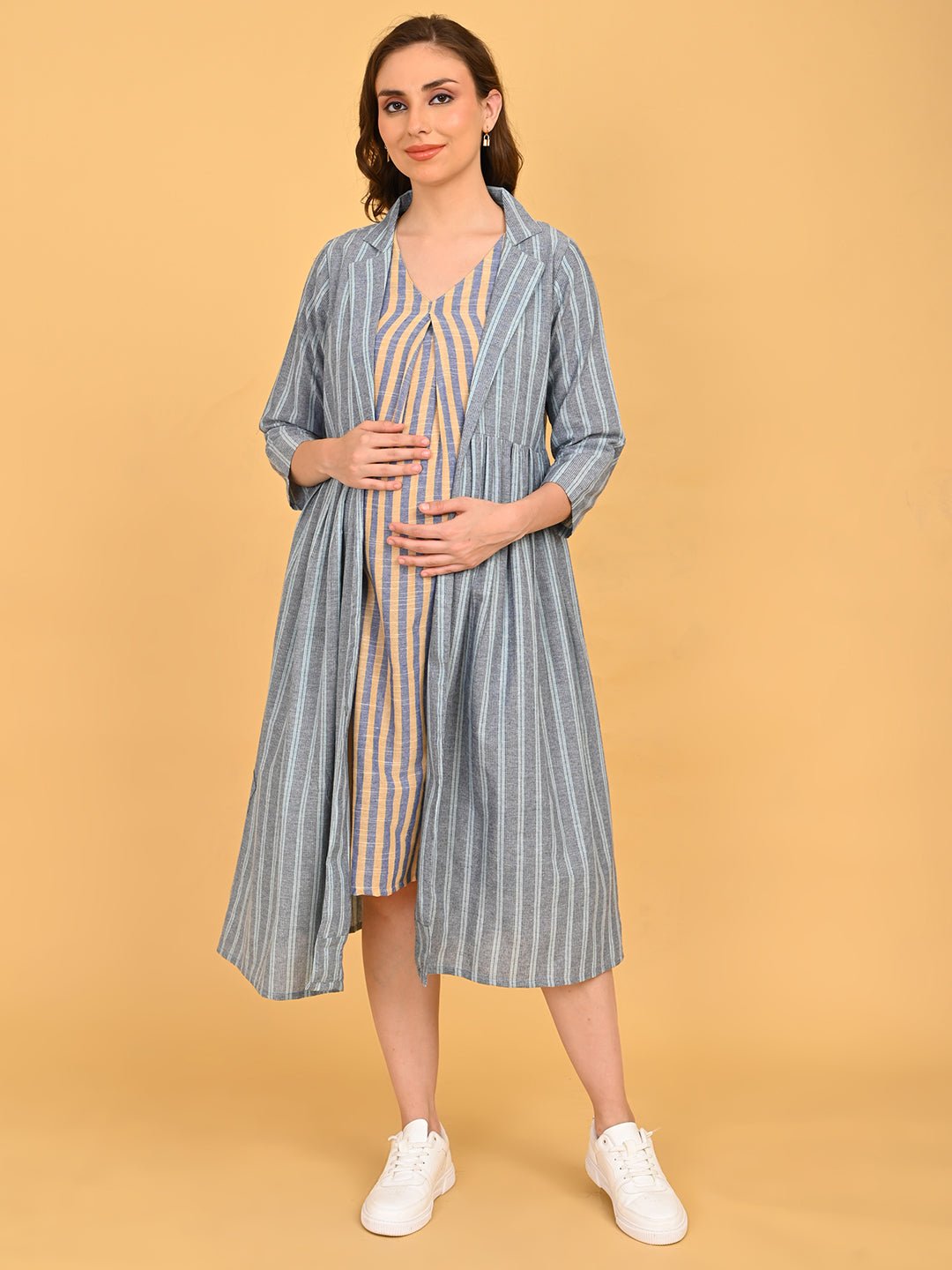 Modern Loom Maternity and Nursing Shacket Dress full-length front view with open shacket layered over maternity dress.