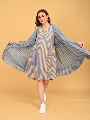 Modern Loom Maternity and Nursing Shacket Dress playful pose with model spreading shacket to reveal striped maternity dress.