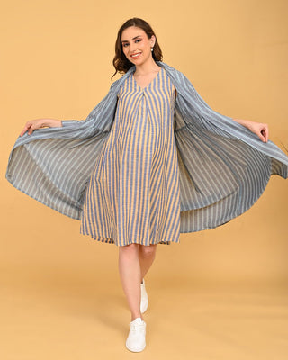 Modern Loom Maternity and Nursing Shacket Dress playful pose with model spreading shacket to reveal striped maternity dress.