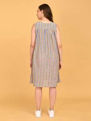 Modern Loom Maternity and Nursing Shacket Dress back view of sleeveless striped maternity dress with relaxed straight fit.