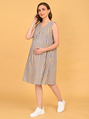 Modern Loom Maternity and Nursing Shacket Dress full-length front walking pose wearing sleeveless striped maternity dress.