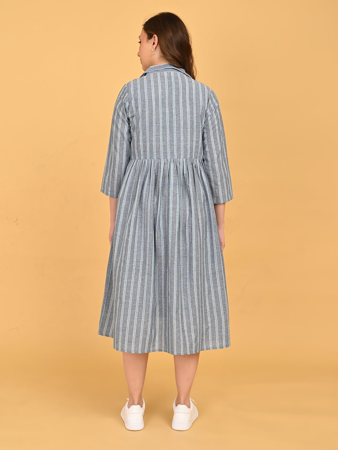 Modern Loom Maternity and Nursing Shacket Dress back view of grey striped longline shacket showing relaxed fit and gathered waist.