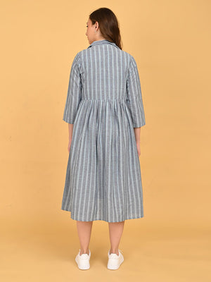 Modern Loom Maternity and Nursing Shacket Dress back view of grey striped longline shacket showing relaxed fit and gathered waist.