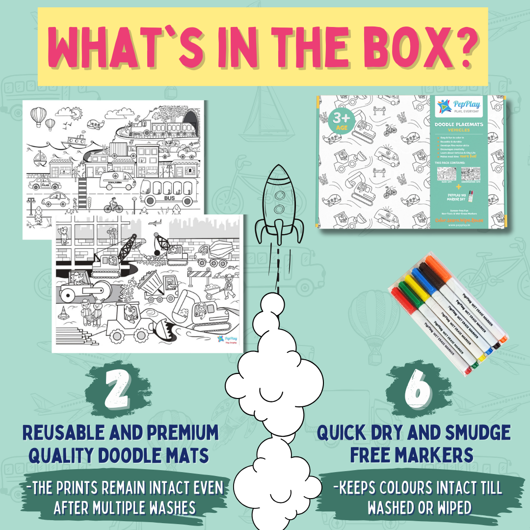 PepPlay Doodle Placemats Set– Vehicle Series (DIY Drawing Kit)