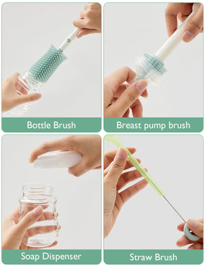 Momcozy Weaning Accessories Push - Press Design Bottle Brush Kit - Classic Style Green - Bottle Cleaning Accessories