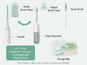Momcozy Weaning Accessories Push - Press Design Bottle Brush Kit - Press Bubble Style Green - Cleaning Brush Set