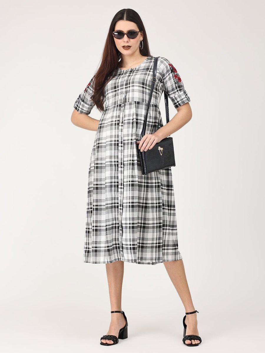 Monochrome Checkered Maternity and Nursing Dress with Embroidery - MEW-BKWEB-S