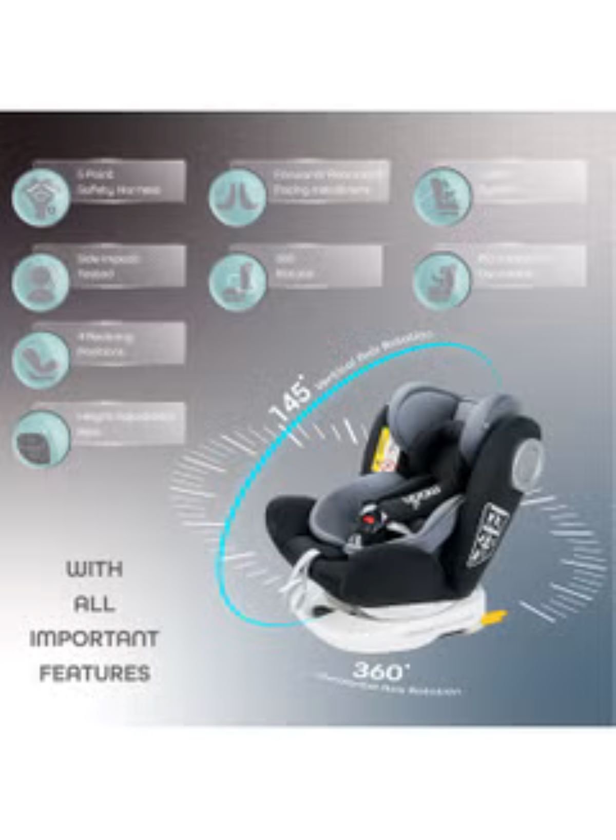 Moon Gyro Car Seat Black Birth to 12 Years - MNNCSMT02