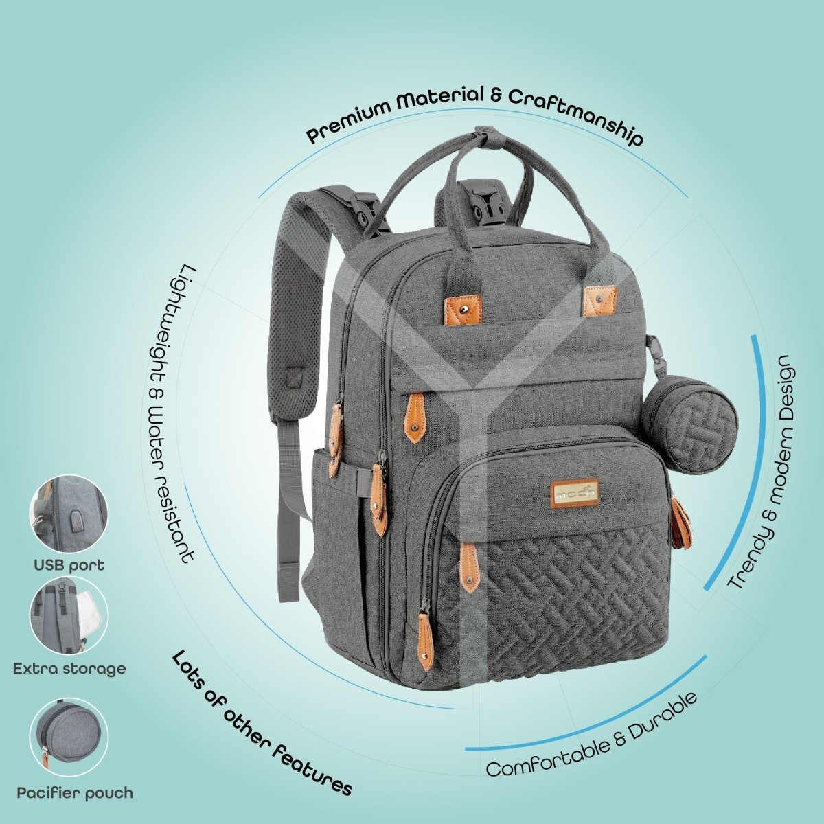 Moon KaryMe with pacifier case Diaper Bags Dark Grey - MNADBDG02