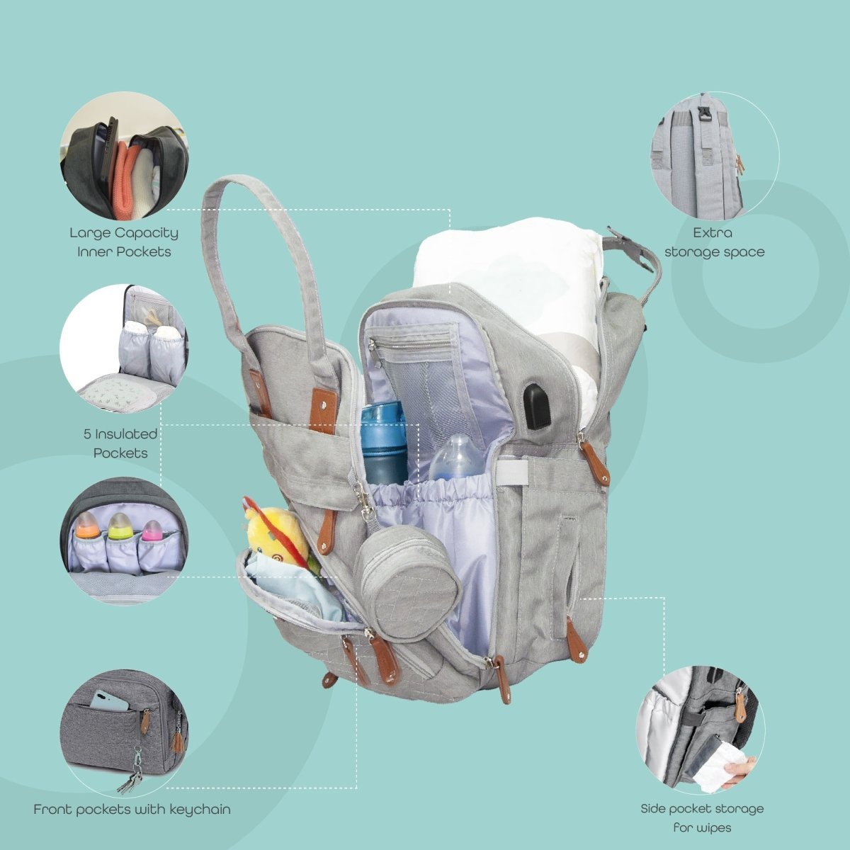 Moon KaryMe with pacifier case Diaper Bags Grey - MNADBGY01