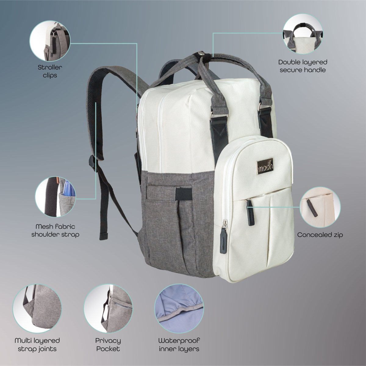 Moon Luca Diaper Bags White & Grey - MNNDBMT05