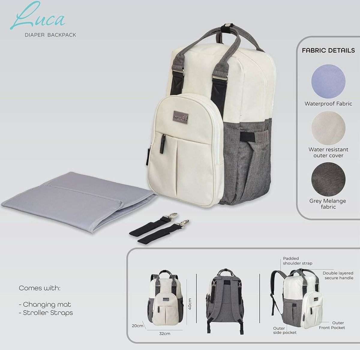 Moon Luca Diaper Bags White & Grey - MNNDBMT05