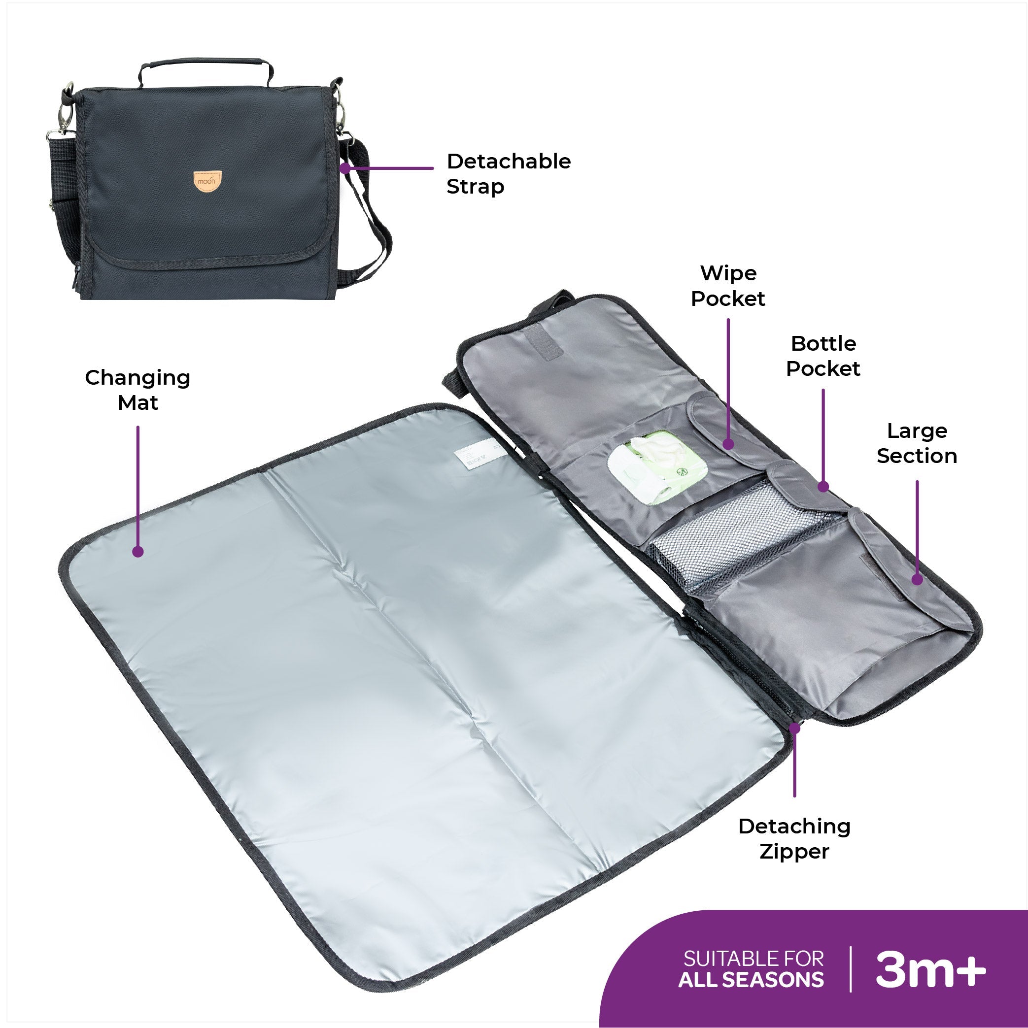Moon Portable Diaper Changing Station Diaper Changing Kits Black Twill - MNNSCHMS05
