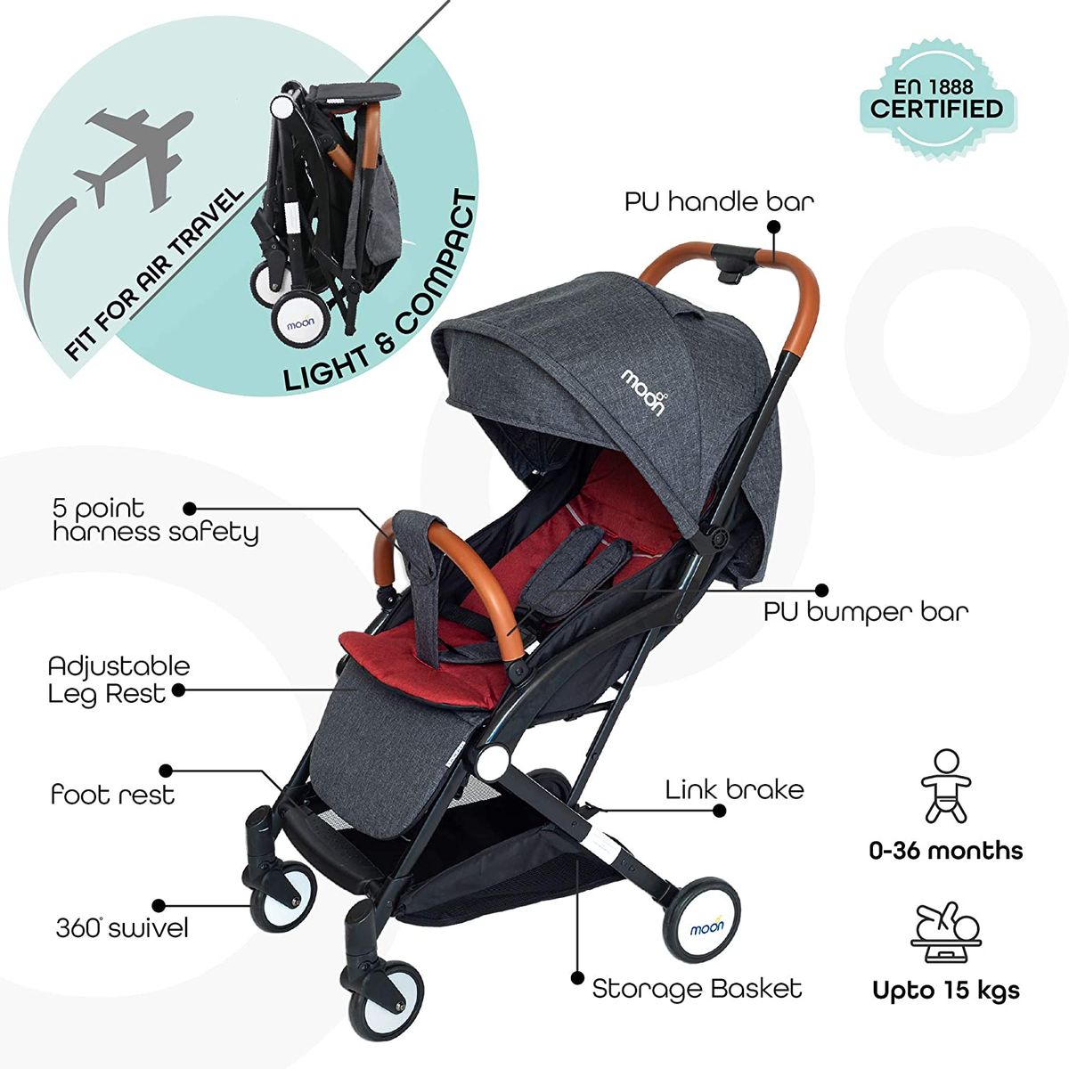 Moon Ritzi Stroller Red Birth to 18 kg - MNBGSBR06