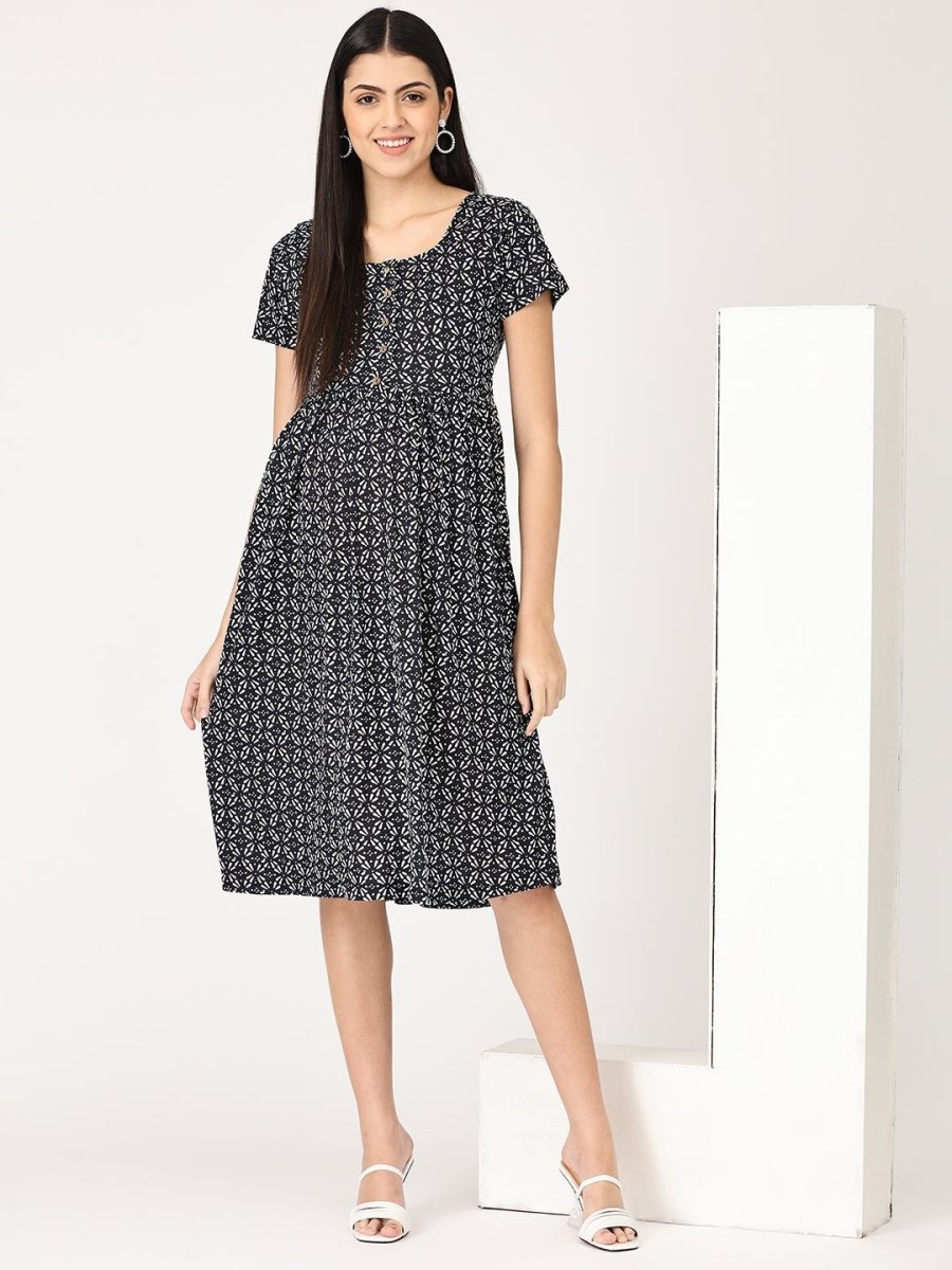 Moonlight Floral Print Maternity and Casual Dress - DRS-NVFLRP-S