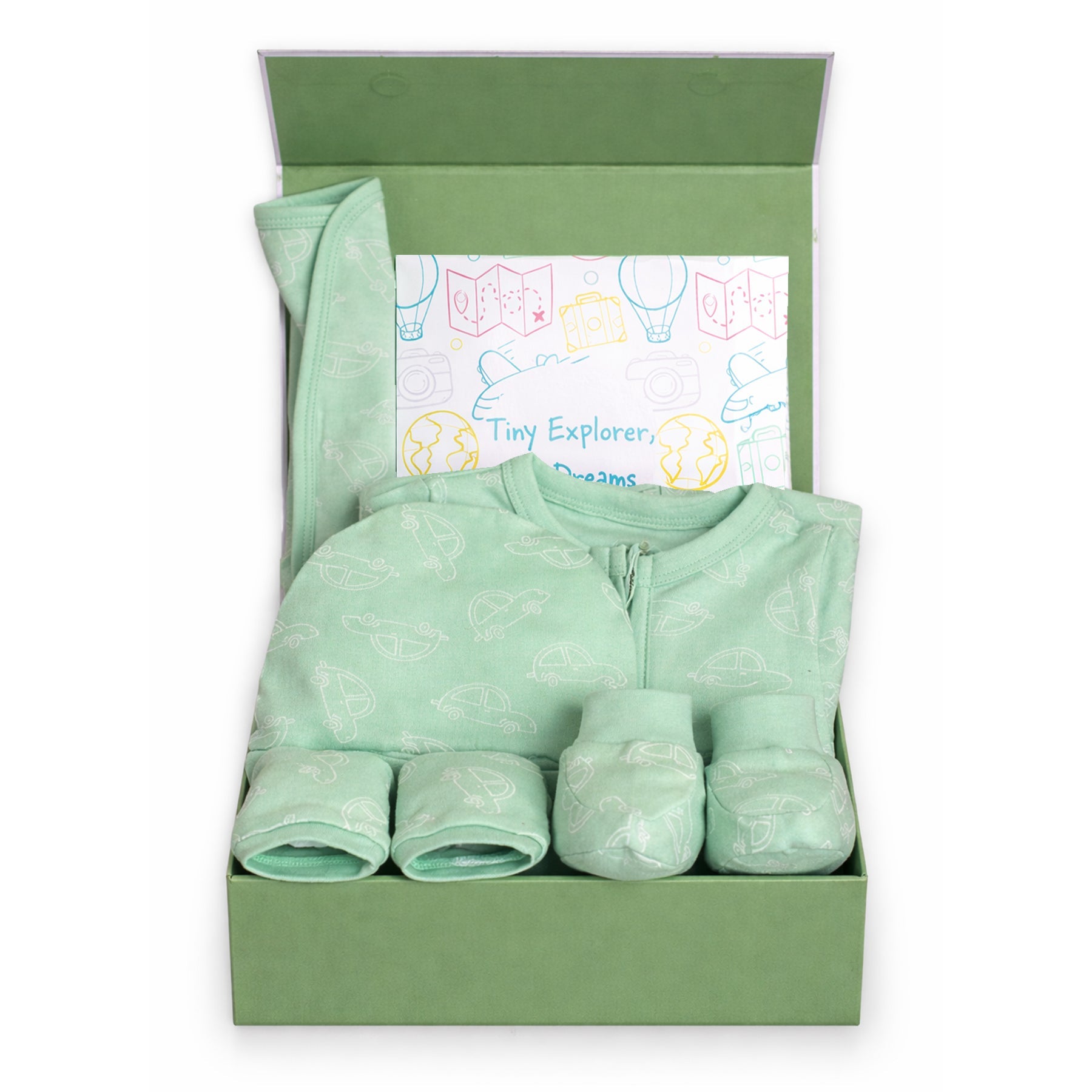 Mossy Motors 4 PCS New Born Gift Hamper Set - Glitter - Green Gift Box