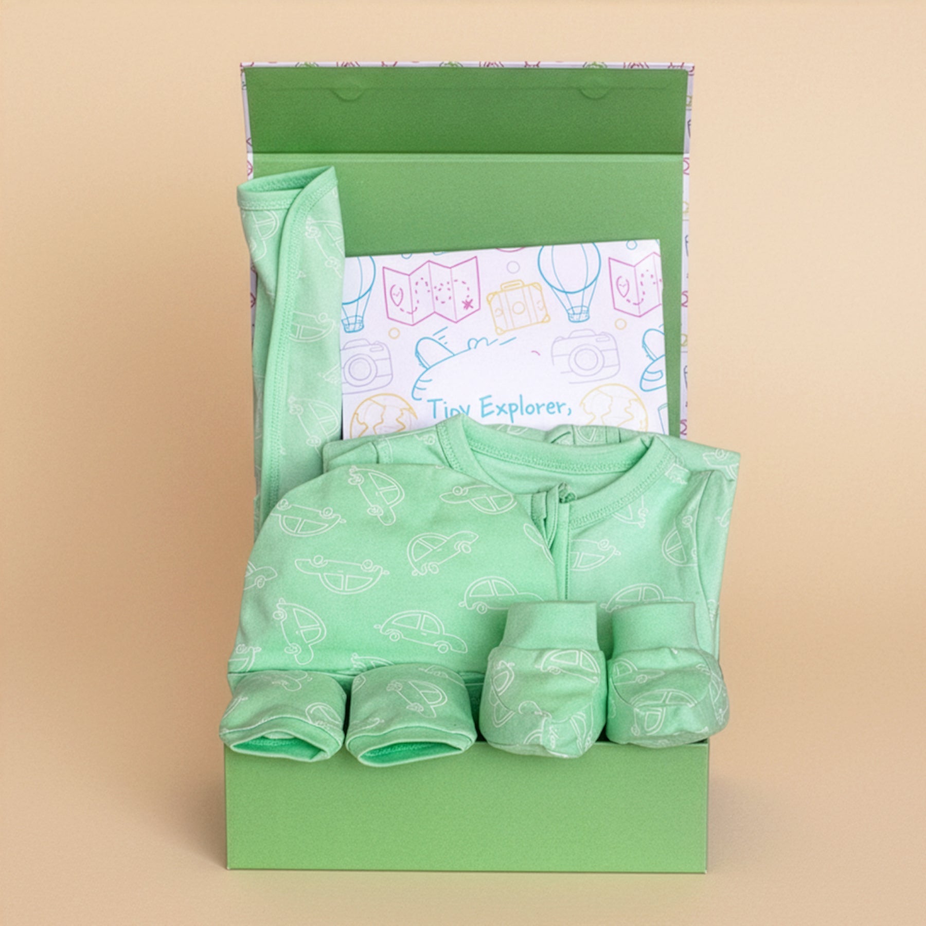 Mossy Motors 4 PCS New Born Gift Hamper Set - Glitter - Green Gift Box