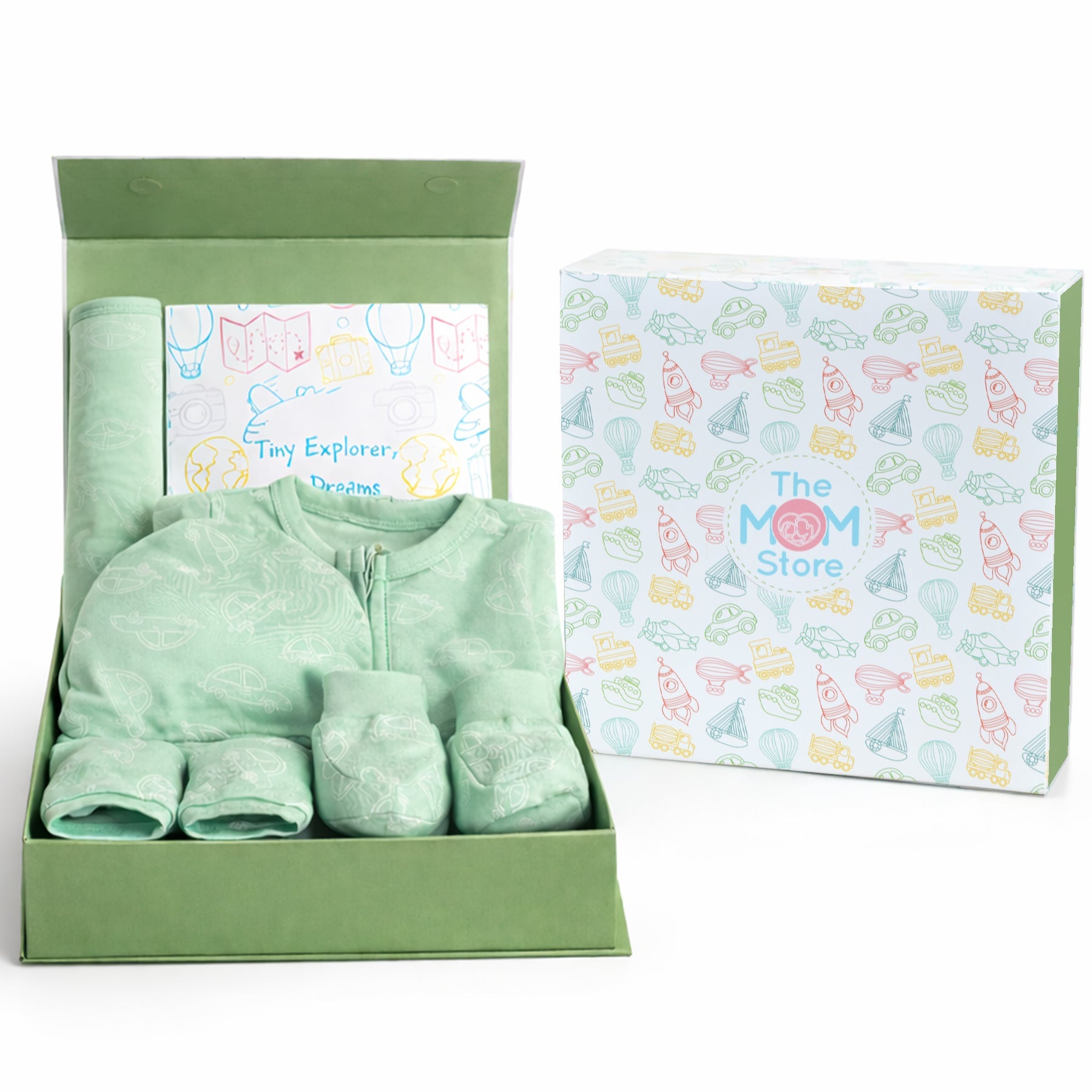 Mossy Motors 4 PCS New Born Gift Hamper Set - Glitter - Green Gift Box