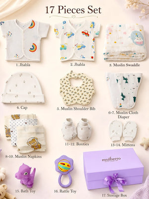 Mulberro 17Pcs Muslin Cotton Newborn Gift Set with Gift Box 0-6M - Gift Box