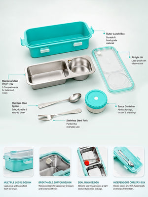 Mulberro 2-Compartment Kids Stainless Steel Lunch Box | Leak-Proof | Fork, Spoon & Sauce Container Included - Baby Food & Storage