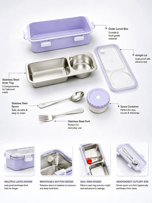 Mulberro 2-Compartment Stainless Steel Kids Lunch Box | Leak-Proof | Sauce Container | Fork & Spoon Included - Baby Food & Storage