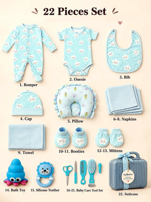 Mulberro 22Pcs Pure Cotton Welcome Baby Gift Set with Blue Suitcase 0-3M - Gifts & Gift Sets
