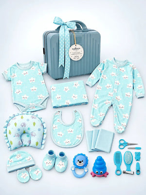 Mulberro 22Pcs Pure Cotton Welcome Baby Gift Set with Blue Suitcase 0-3M - Gifts & Gift Sets