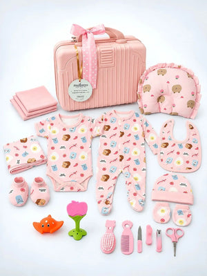 Mulberro 22Pcs Pure Cotton Welcome Baby Gift Set with Pink Suitcase 0-3M - Gifts & Gift Sets