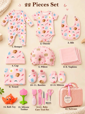 Mulberro 22Pcs Pure Cotton Welcome Baby Gift Set with Pink Suitcase 0-3M - Gifts & Gift Sets