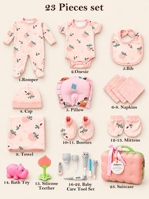 Mulberro 23Pcs Pure Cotton Welcome Baby Gift Set with Pink Suitcase 0-3M - Gifts & Gift Sets