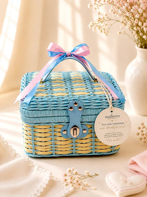 Mulberro 27Pcs Pure Cotton Newborn Twins Gift Set with Pink & Blue Cane Basket 0-6M - Gifts & Gift Sets