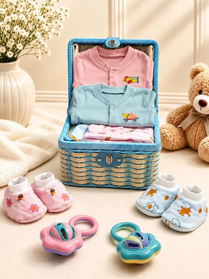Mulberro 27Pcs Pure Cotton Newborn Twins Gift Set with Pink & Blue Cane Basket 0-6M - Gifts & Gift Sets