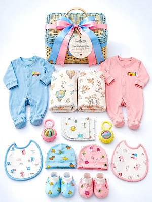 Mulberro 27Pcs Pure Cotton Newborn Twins Gift Set with Pink & Blue Cane Basket 0-6M - Gifts & Gift Sets