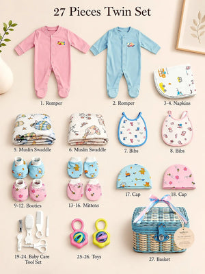 Mulberro 27Pcs Pure Cotton Newborn Twins Gift Set with Pink & Blue Cane Basket 0-6M - Gifts & Gift Sets