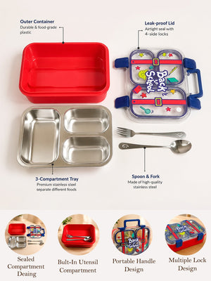 Mulberro 3-Compartment Kids Lunch Box | Stainless Steel | Leak-Proof | Fork & Spoon Included - Insulated lunch bag