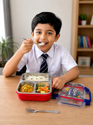 Mulberro 3-Compartment Kids Lunch Box | Stainless Steel | Leak-Proof | Fork & Spoon Included - Insulated lunch bag